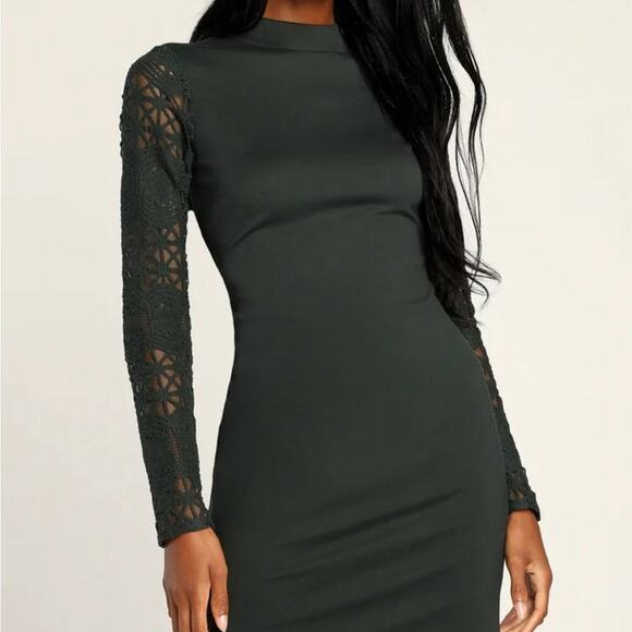 Lulu's Dark Green Mini Dress with Long Sleeve and lace -Size Small - Picture 4 of 9